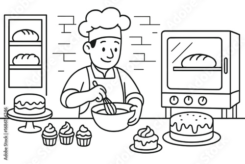 Baker whisking dough in bakery kitchen. Chef cooking pastry. Man preparing food. Vector line art illustration. Cartoon character at work. Confectionery concept with cake, cupcake, bread.