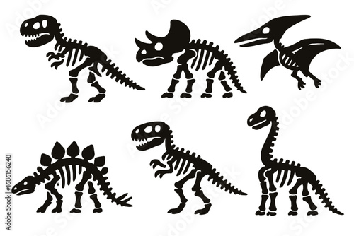 Dinosaur fossil skeleton silhouette icon set. Prehistoric animal bones from the Jurassic period. Vector collection of T-rex, Triceratops, Pterodactyl for paleontology design.