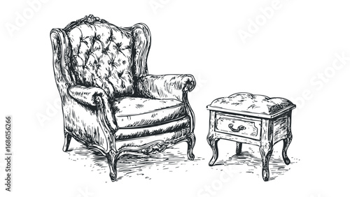 Hand-drawn sketch of a tufted wingback chair with a small ornate side table. Vector hand drawn illustration