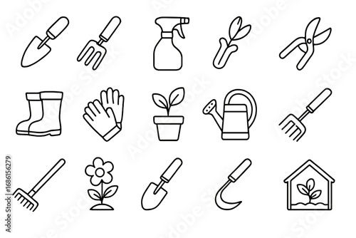 Gardening tools outline icon set. Plant care and garden equipment collection. Vector line art illustration of trowel, watering can, rake, boots, gloves, and greenhouse.