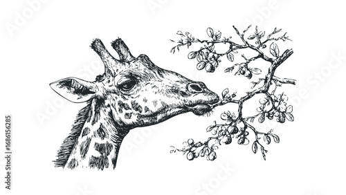 Sketch of a giraffe eating from a leafy branch with berries. Vector hand drawn illustration