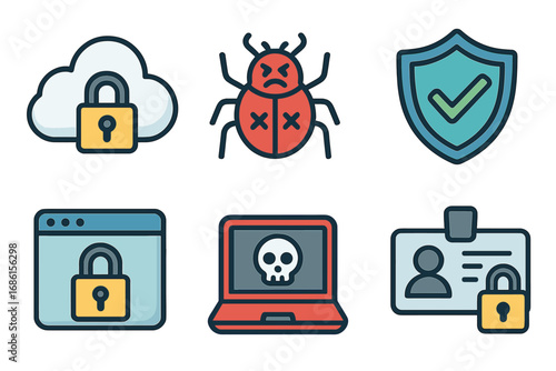 Cybersecurity icon set. Digital security, data privacy concepts. Cloud protection, malware bug, antivirus shield, secure browsing, hacking threat, identity lock vector icons.