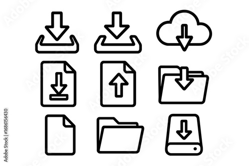 Download and upload line icon set. Data transfer and cloud storage symbols. File, document, and folder signs for web interface. Save, backup and server vector graphics.