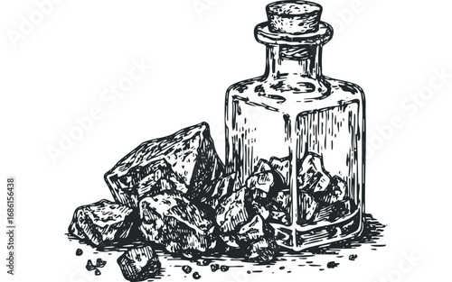 Vintage glass bottle filled with rough rock chunks on white. Vector hand drawn illustration