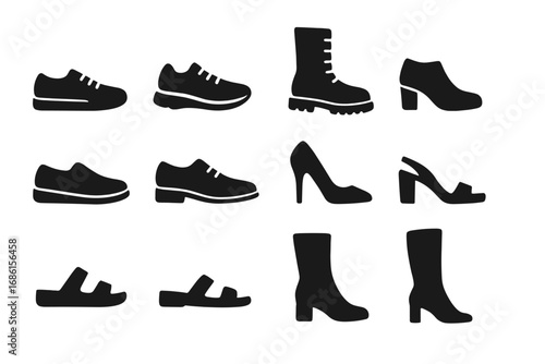 Shoe silhouette icon set. Footwear collection with sneakers, boots, heels, sandals, and dress shoes. Vector graphic for men and women's fashion. Isolated flat design elements.