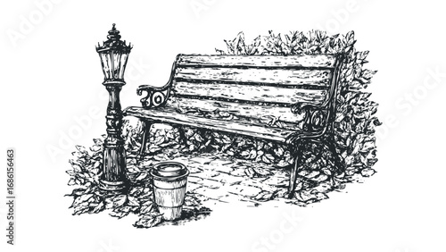 Sketch of park bench with street lamp and coffee cup surrounded by fallen leaves. Vector hand drawn illustration