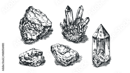 Collection of five hand-drawn rough and crystal rocks. Vector hand drawn illustration