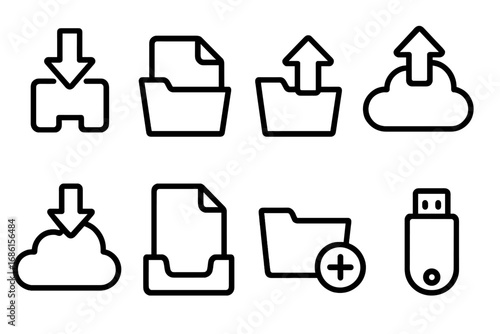 Download and upload icons set. Digital file actions, data storage. Vector line art. Cloud computing, folder, document tray, USB drive. Web interface UI UX elements.