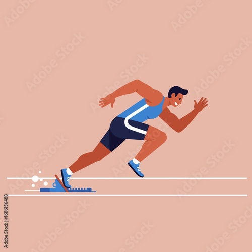 A sprinter launching from the starting blocks in a dynamic running pose.