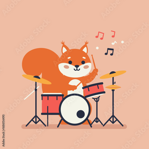A cute cartoon squirrel playing drums with musical notes around.