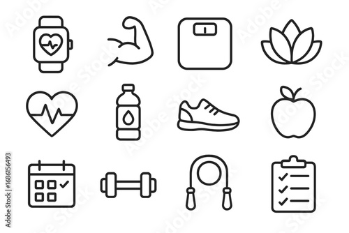 Health and fitness line icon set. Wellness, exercise, and sport outline icons. Healthy lifestyle concepts like gym workout, yoga, diet, nutrition, and activity tracking. Vector.