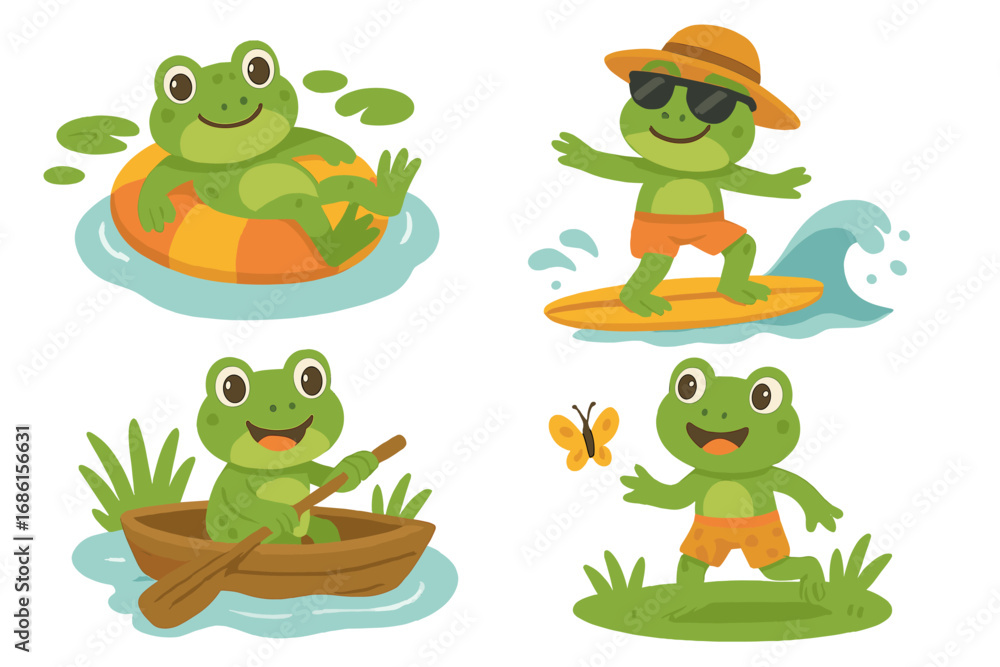 Obraz premium Cute frog character set. Vector cartoon illustration of playful frogs in summer activities. Surfing, boating, floating in a rubber ring, and chasing a butterfly. Adorable animal mascot collection.