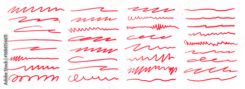 Red hand drawn brush strokes set. Sketched doodle scrawl lines collection. Zig zag, wavy, squiggle scribble stripe pack. Red marker note sign bundle for mark, emphasis, accent, highlight. Vector
