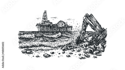 Sketch of an oil rig pier with waves crashing against rocks and driftwood. Vector hand drawn illustration