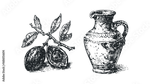 Sketch of a branch with fruit and an ancient jug on a transparent background. Vector hand drawn illustration