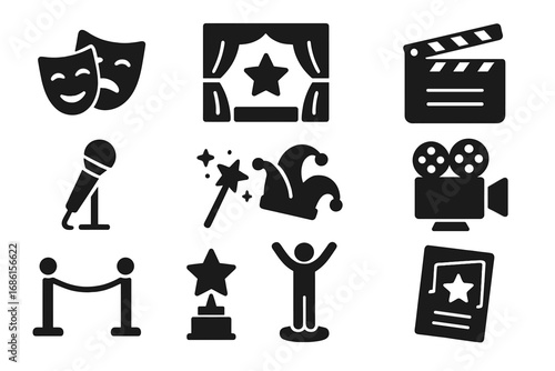 Entertainment and theater solid icon set. Performance, backstage, and show glyphs. Cinema, stage, movie award, and festival vector graphic elements collection for design.