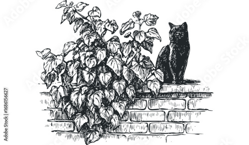 Black cat sitting on brick wall next to vine plant with leaves. Vector hand drawn illustration