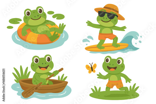 Cute frog character set. Vector cartoon illustration of playful frogs in summer activities. Surfing, boating, floating in a rubber ring, and chasing a butterfly. Adorable animal mascot collection.
