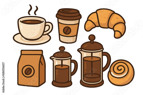 Coffee and pastry vector icon set. Cartoon illustration collection with croissant, cinnamon roll, french press, coffee cup and beans bag for cafe menu or breakfast design.