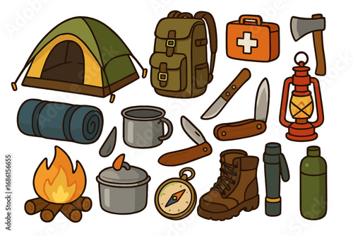 Camping and hiking gear set for outdoor adventure and survival. Collection of essential equipment icons: tent, backpack, campfire, axe, lantern, knife, compass. Vector illustration.