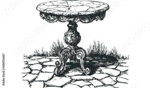 Ornate Pedestal Table on Stone Pavement with Grass. Vector hand drawn illustration