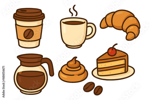 Coffee and pastry icon set. Vector cartoon illustration of cafe elements. Includes coffee cup, mug, pot, beans, croissant, and cake slice. For menu, sticker, or web design.
