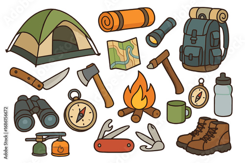 Collection of essential camping gear for outdoor adventures. Vector cartoon icons set including tent, backpack, fire, and tools. Hiking and survival equipment illustration.