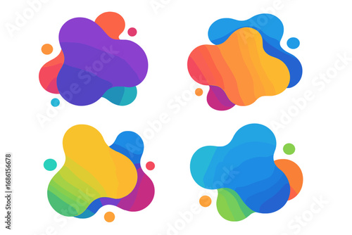 Set of colorful abstract fluid shapes. Liquid gradient blobs. Modern graphic elements for banner and background. Dynamic amoeba forms with vibrant color design for creative use.