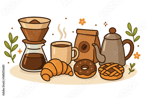 Coffee brewing equipment set with pour-over, pot, mug, and pastries. Vector cartoon for cafe menu, breakfast concept. Cozy morning time with fresh croissant, donut, and pie.