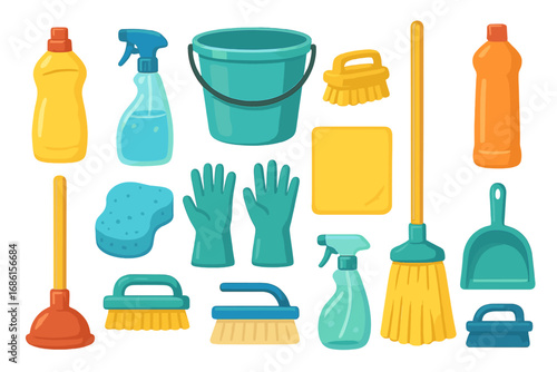 Cleaning service tools and supplies icon set. Housekeeping equipment for home maintenance. Vector cartoon illustration of broom, bucket, sponge, gloves, detergent and spray.