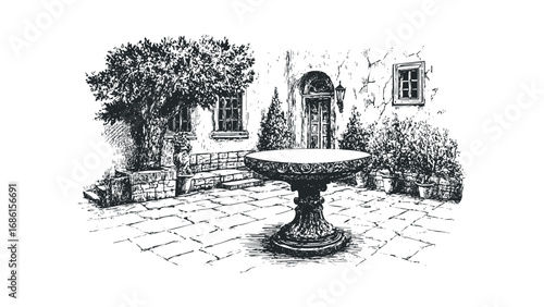 Ornate carved stone table with leafy tree and building entrance in courtyard. Vector hand drawn illustration