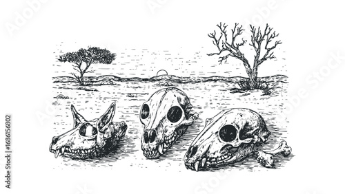 Three animal skulls and a bone arranged in a dry landscape. Vector hand drawn illustration