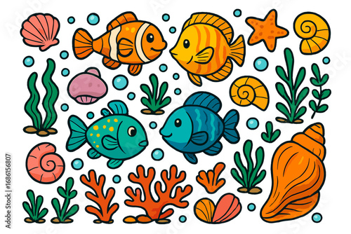 Colorful aquatic illustration set with cute fish, shells, coral and marine life. Vector cartoon underwater characters for kids. Ocean sea life collection. Marine creature design elements.