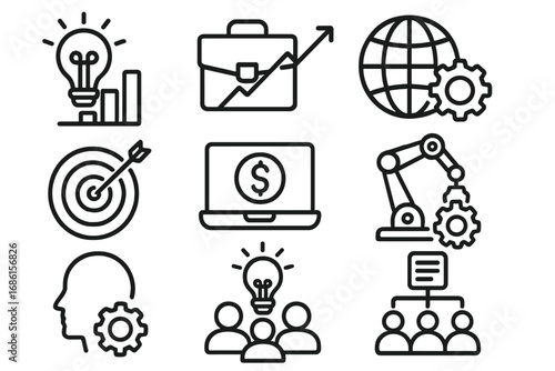 Business icon collection for web and app. Linear icons set. Concept of teamwork, strategy, growth, technology, innovation. Vector symbols for finance, marketing, management.