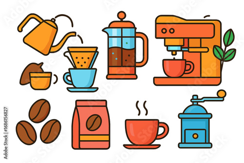 Coffee brewing methods icon set. Barista equipment for cafe. Vector illustration of espresso machine, french press, drip coffee, grinder, beans. Flat line cartoon design.