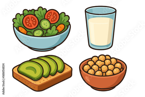 Healthy meal food set. Vector cartoon illustration of salad, avocado toast, milk and chickpeas. Concepts of nutrition, diet, vegetarian and vegan lifestyle for modern design.
