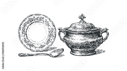 Ornate serving dish with lid and spoon, detailed line drawing. Vector hand drawn illustration
