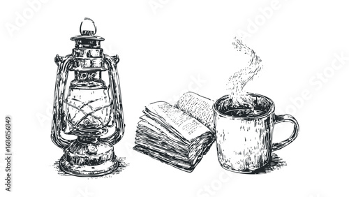 Vintage oil lantern sits beside open book and steaming coffee mug. Vector hand drawn illustration