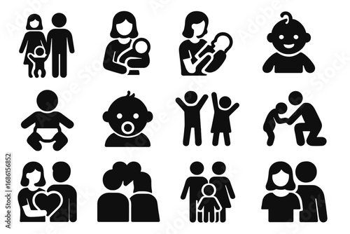 Family parenting relationship solid icon set. Parents, child, baby care glyphs. Motherhood, fatherhood pictograms. Couple in love, happy kids, newborn vector illustration.
