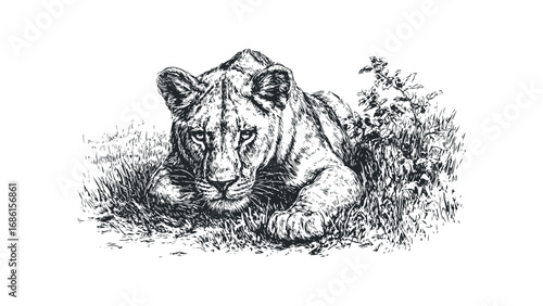 Feline predator resting amidst grass. Vector hand drawn illustration