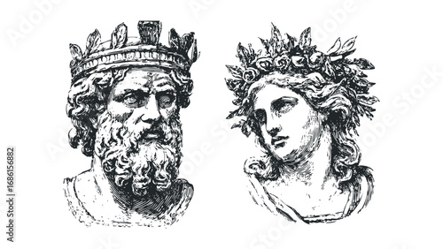 Ancient King and Queen Busts with Laurel Wreaths on White. Vector hand drawn illustration