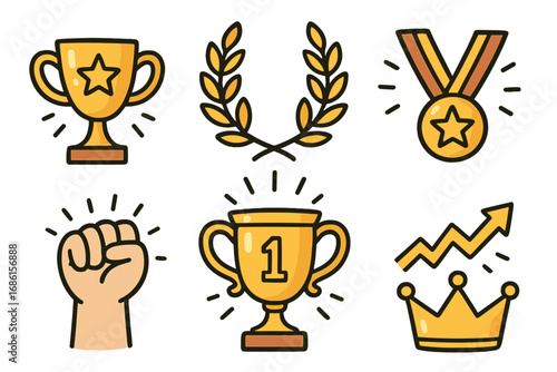 Hand-drawn vector icon set of victory and achievement symbols. Cartoon illustration collection of gold trophy, medal, award, laurel wreath, winner crown and success graph.