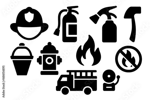 Firefighter icons set for emergency service and fire safety. Fire department equipment silhouettes. Vector glyph collection with truck, helmet, extinguisher, hydrant, alarm.