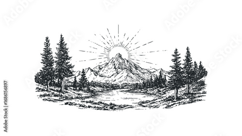 Mountain landscape with coniferous trees and serene lake at sunrise. Vector hand drawn illustration