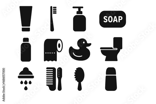 Bathroom essentials solid icons set. Vector silhouette collection of toiletries and hygiene symbols. Personal care items like soap, toothbrush, toilet paper, and shower.