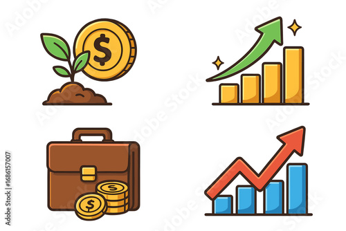 Financial growth and investment icon set. Business success, stock market, and profit concepts. Money plant, increasing arrow chart, briefcase with coins, and market analysis graph.