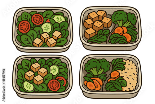 Healthy vegetarian meal prep containers with tofu salad, quinoa, broccoli, and carrots. Vector cartoon illustration for a nutritious plant-based diet and healthy lifestyle.