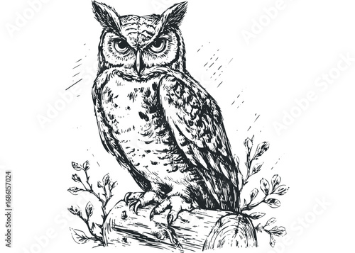 Detailed sketch of an owl perched on a log with branches. Vector hand drawn illustration