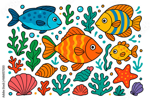Colorful aquatic cartoon set with fish, shells, coral, and seaweed. Vector illustration of marine life elements. Underwater ocean animals collection for kids design.