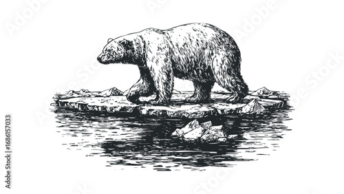 Ink Sketch of a Polar Bear Walking on Ice Floes in Water. Vector hand drawn illustration